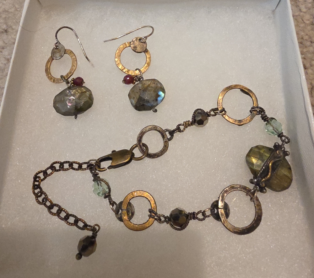 Handcrafted Gold-Tone Labradorite Circle Bracelet & Earring Set